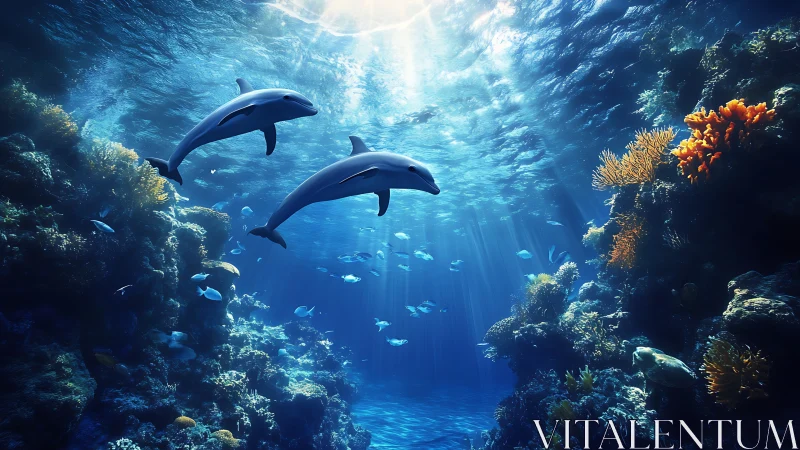 Two dolphins swimming over colorful coral reef seascape.