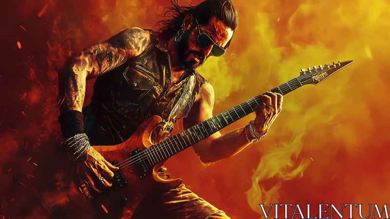 Firelit rock guitarist shredding electric solos in flames.