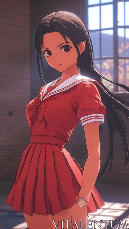 Sunlit anime student in red uniform, volumetric lighting study.