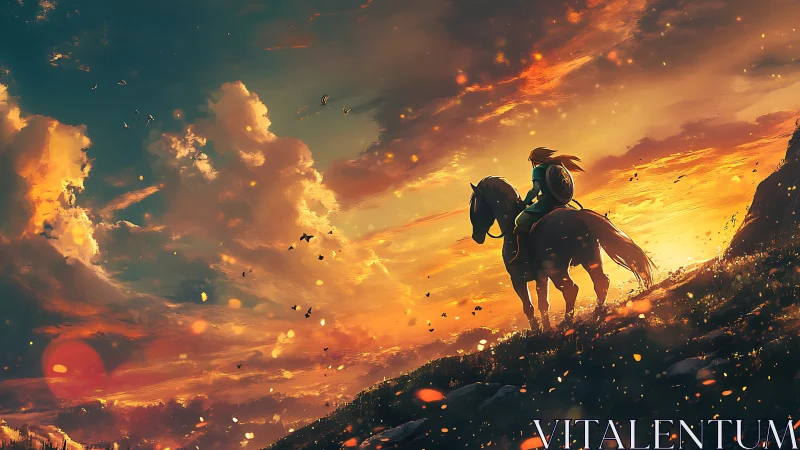 Solitary rider on hillside at sunset under luminous clouds