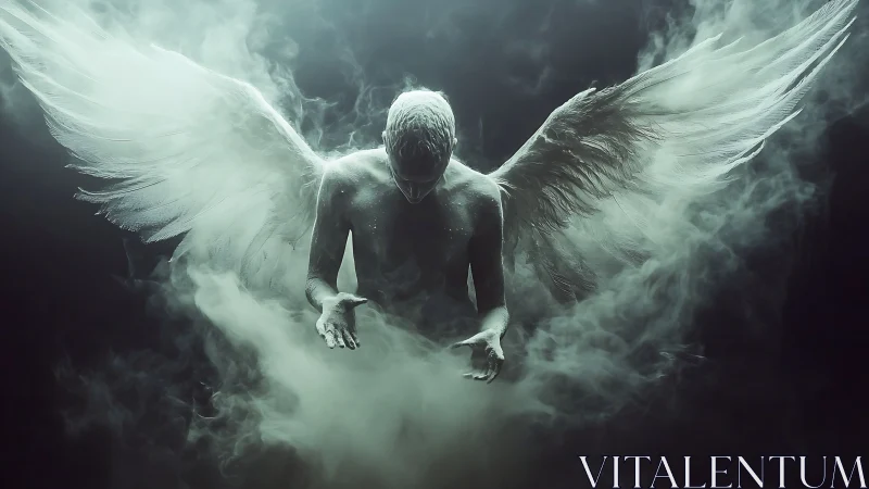 Winged humanoid figure stands in suspended smoky environment