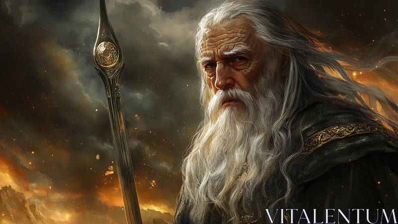 Wise storm-worn wizard watching over a fiery twilight realm.