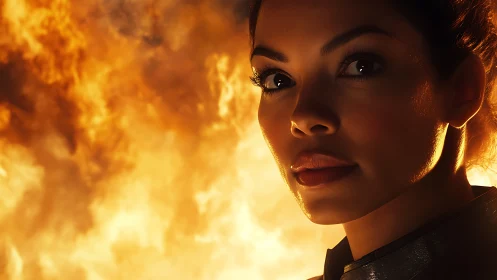 Firelit heroine gazes through inferno with unshaken calm.