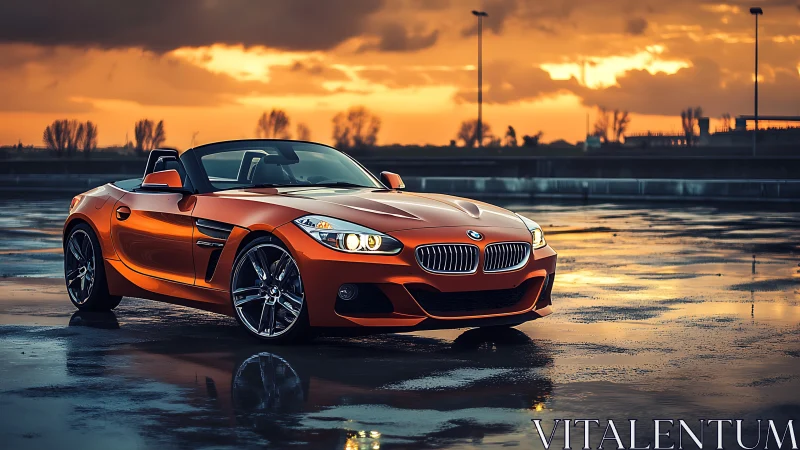 Sunset glow on a sleek orange roadster waiting for adventure.