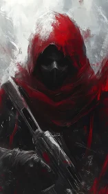 Hooded masked figure in red cloak holding rifle, abstract backdrop.