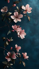 Pink Blossoms on Deep Teal Background.