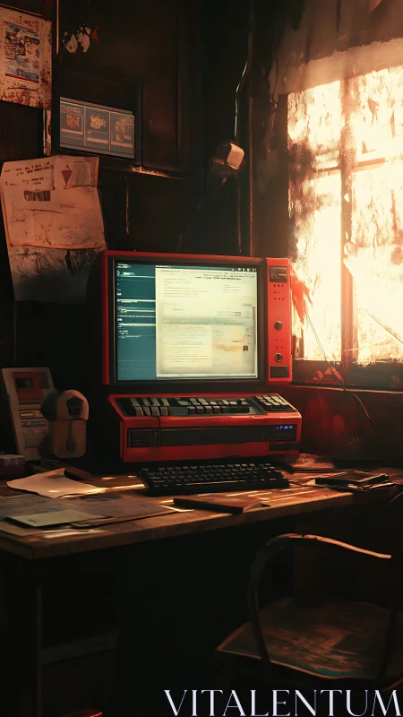 Soft sunset glow warms a retro computer desk in quiet focus