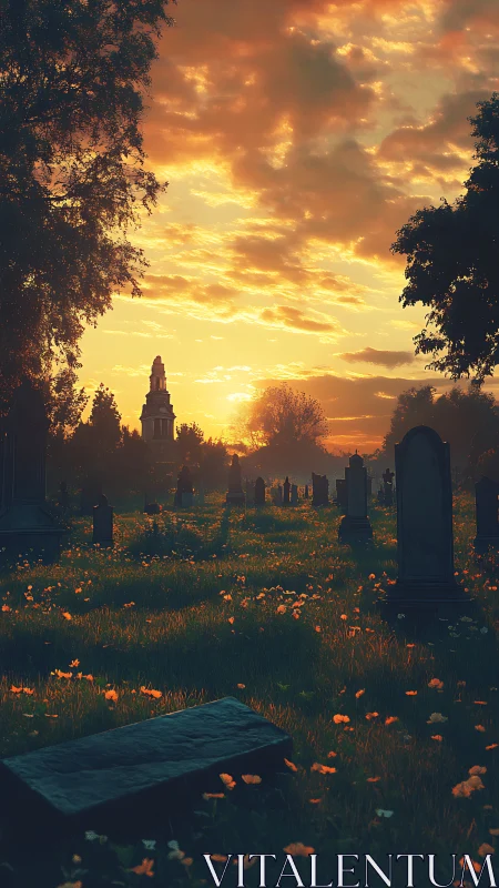 Gentle sunset glow over a quiet, flower-lit graveyard.