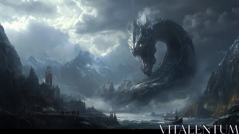 Colossal sea serpent rises in overcast fjord landscape