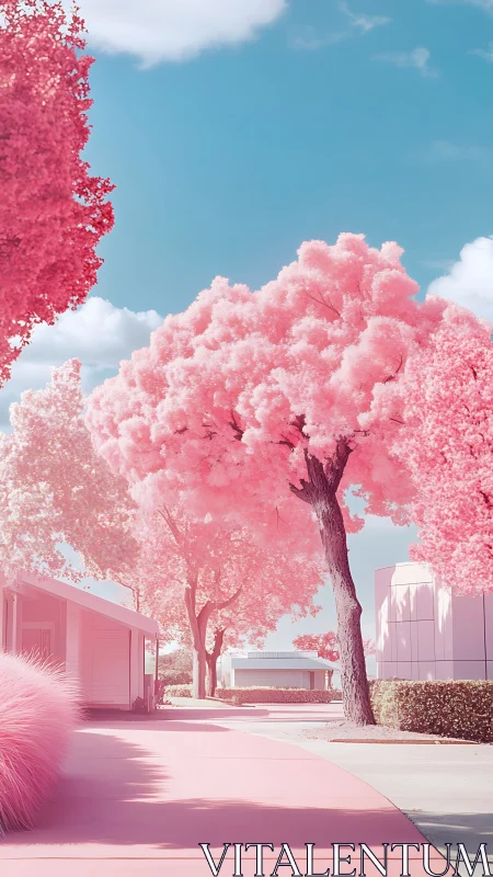 Infrared-style streetscape shows pink foliage and buildings