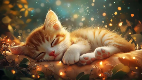 Golden Feline at Rest: Warm Luminescence and Dreamlike Bokeh.