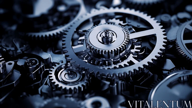 Interlocked precision geartrain under directional metallic lighting.