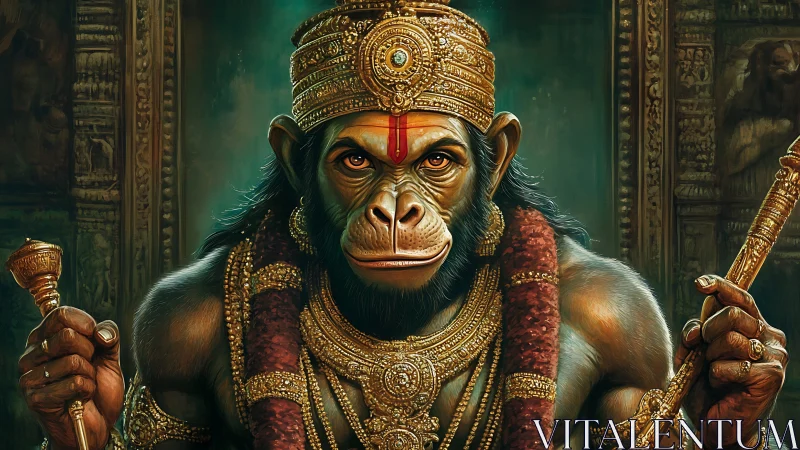Simian deity portrait with hyper-detailed regalia rendering.