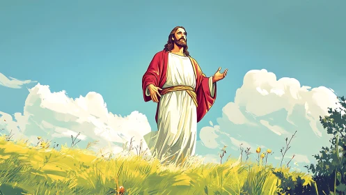 Serene robed figure walks in sunlit meadow beneath bright sky