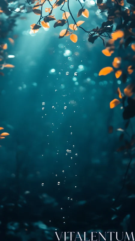 Soft teal depths cradle floating bubbles beneath golden leaves