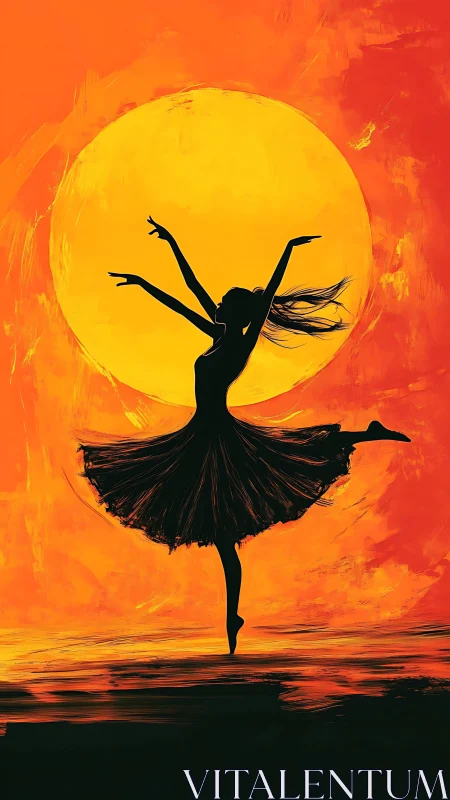 Silhouette ballerina arcs dynamically against incandescent sun
