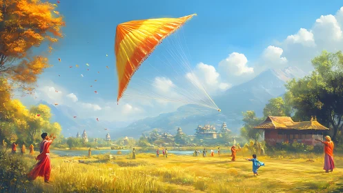 Digital painting of festive kite ritual in luminous valley landscape.