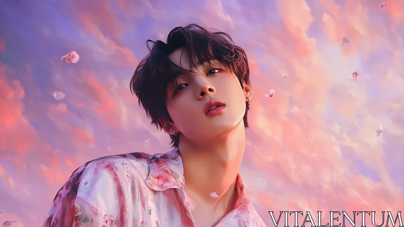 Chromatic portrait under volumetric sunset cloudfield sky.