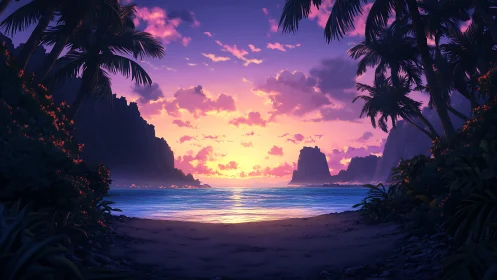Dreamy tropical cove at sunset wrapped in soft violet light.