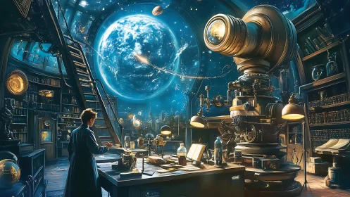 Astrophysical observatory lab with colossal brass projector.