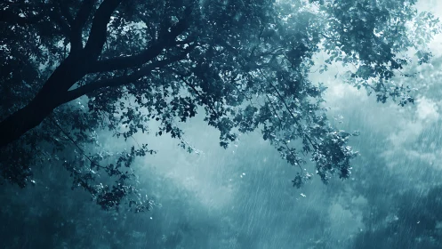 Tree canopy in steady rainfall under cool blue light.