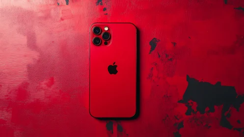 Red iPhone 12 Pro Max with Triple Camera System Against Textured Crimson Backdrop.