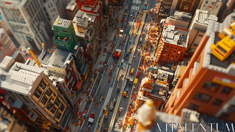Lego city street canyon with dense traffic and crowd bustle.