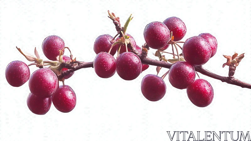 Spray of red berries on branch against white backdrop.