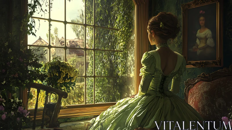 Woman in historical dress sits at window overlooking garden