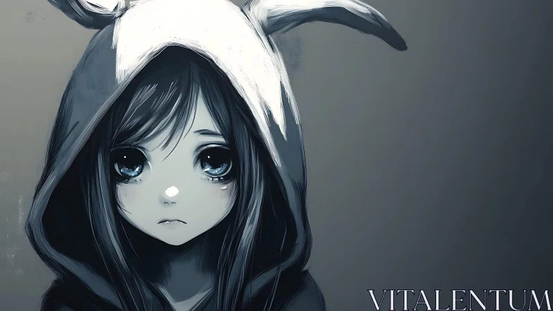 Melancholic girl in rabbit hood under muted monochrome light.