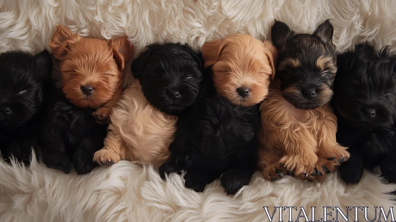 Row of sleeping mixed-color puppies on white fur blanket.