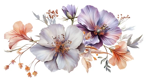 Botanical Watercolor Arrangement with Purple and Peach Florals.