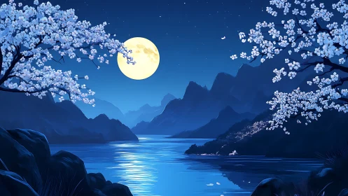Lunar-reflective mountain lake with cherry blossoms in bloom.