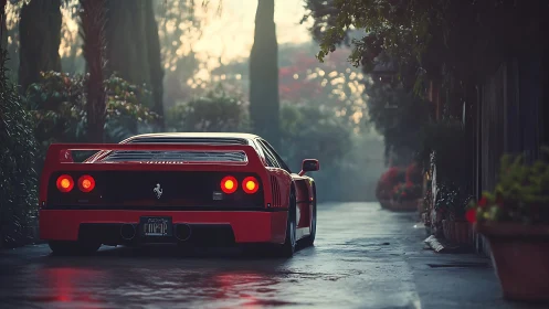 Red sports coupe is parked on wet narrow driveway at dusk