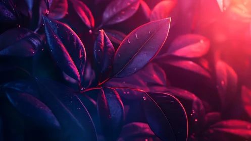 Neon-bathed foliage study in cinematic macro digital painting.