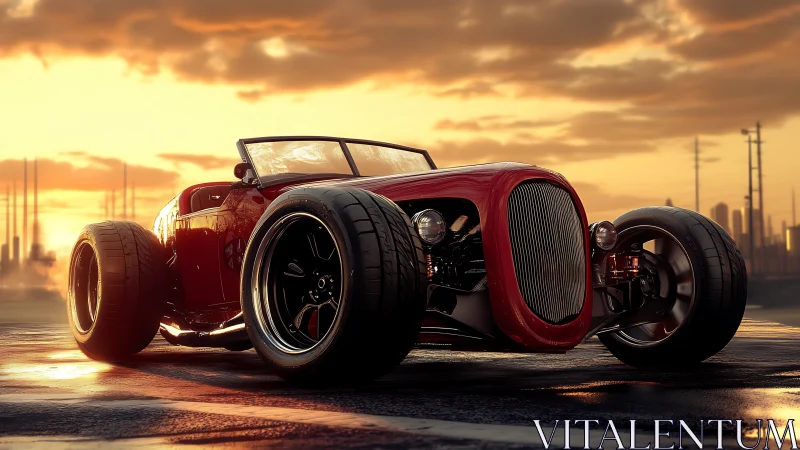 Sunset street rod rendered with cinematic realism and gloss.