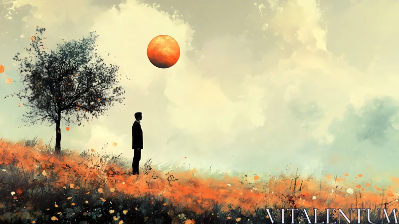 Solitary observer beneath an anomalous orange celestial body.