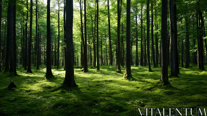 Sunlit Forest Canopy Creates Serene Green Cathedral