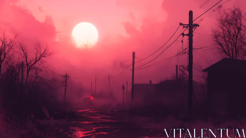 Neon red dusk engulfs a lonely road beneath a huge moon.