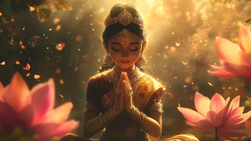 Golden-lit meditative girl amid lotus blooms in bokeh haze