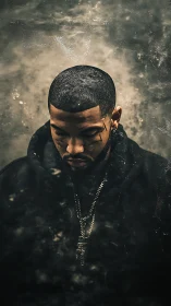 Low-key portrait with grunge textures and moody chiaroscuro lighting.