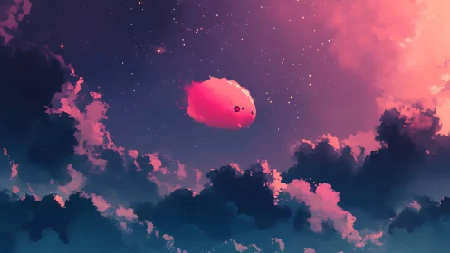 Digital painting of floating pink creature in celestial clouds.