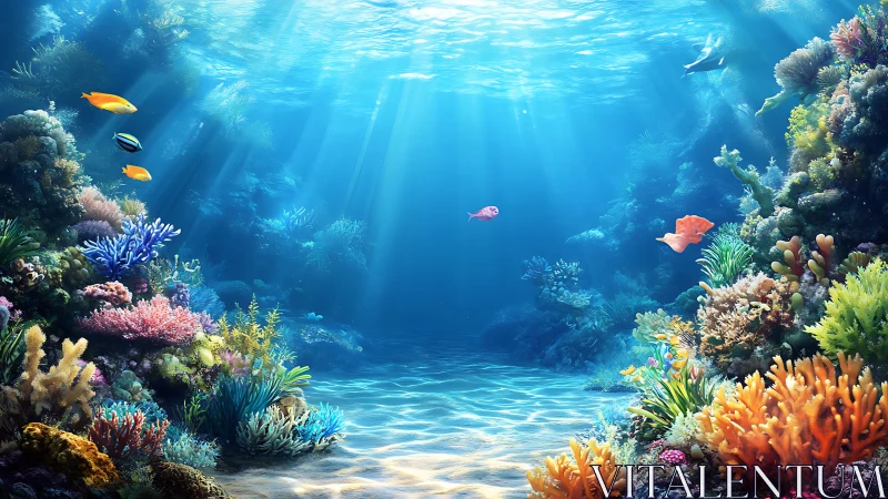 Sunlit coral reef teems with colorful tropical sea life.