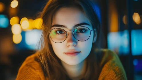 Softly lit girl with glasses in a cozy night glow.