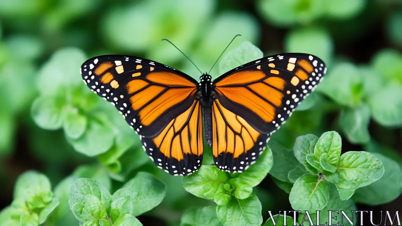 Monarch butterfly with extended dorsal wings on mint foliage