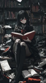 Girl with red eyes reads a book amid scattered library volumes