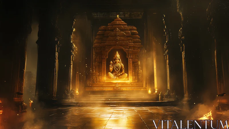 Golden deity shrine glows within monumental temple nave