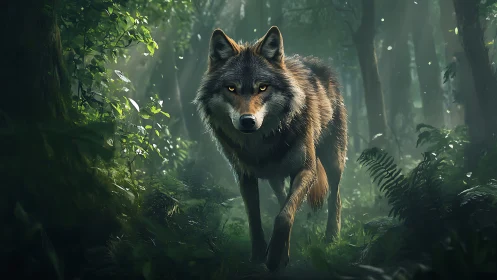 Lone forest wolf prowls through mistlit emerald silence.