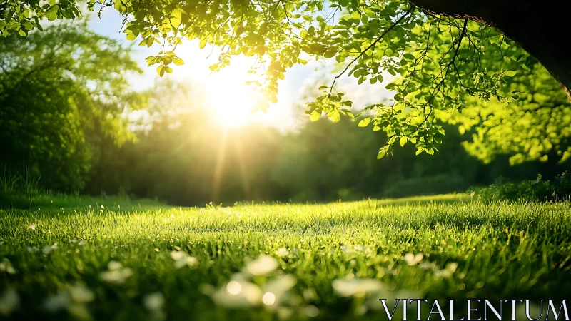 Sunlit meadow glows beneath lush spring green canopy.