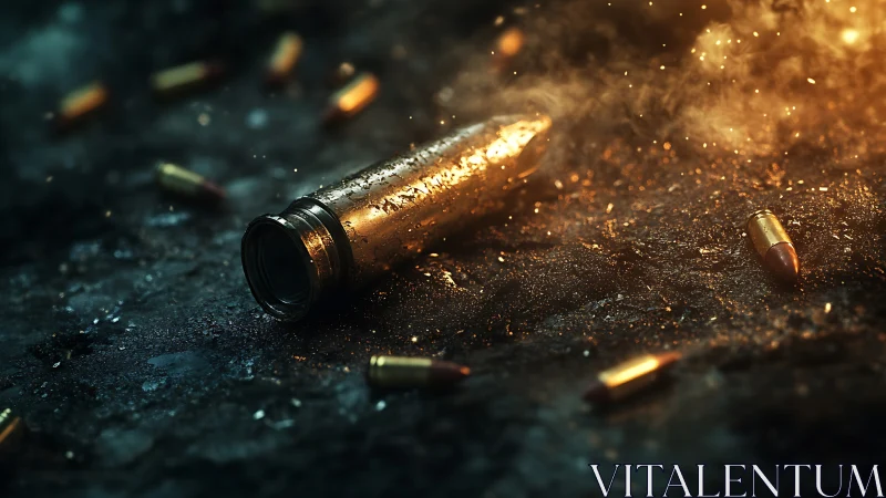 Glowing bullet casing rests in smoke and scattered rounds.